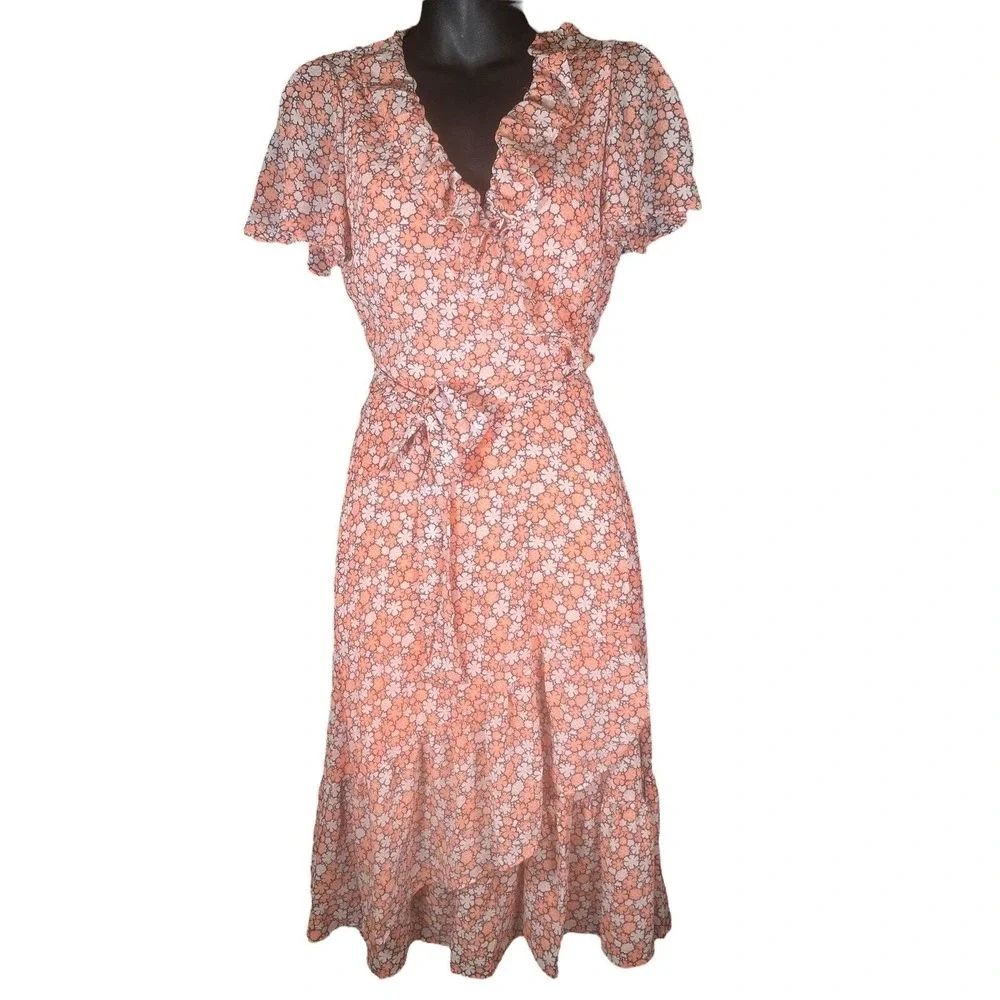 Michael Kors Coral Floral Ruffle Wrap Midi Dress Womens Summer Large High Low - Picture 2 of 7